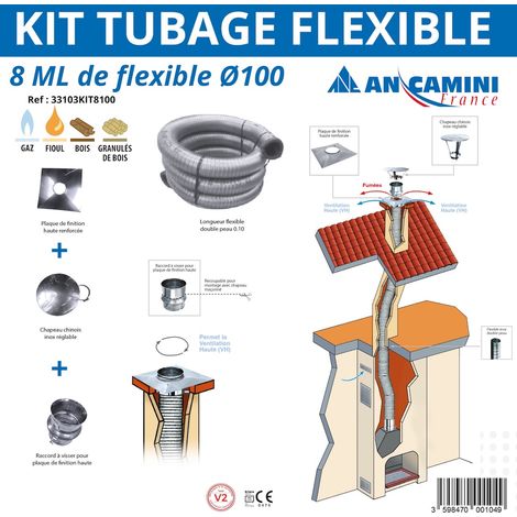 AN CAMINI Kit tubage flexible Ø100 - 8 mètres - double peau inox - avec plaque de finition, chapeau chinois et raccord