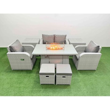 Fimous Light Grey PE Wicker Rattan Garden Furniture Set Sofa Set Reclining Chair Firepit Dining Table 6 Seater 2 Small Stools 2 Side Table (1/4)