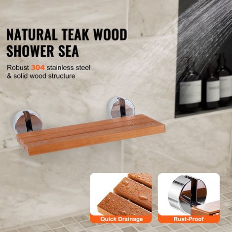Banc de douche pliable en teck, 51x33.5 cm déplié, murale rabattable 200 kg, siège salle de bain gain de place, personnes âgées femmes enceintes enfants (1/5)