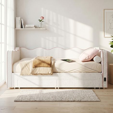 Lit de jour capitonné, canapé-lit, avec 2 tiroirs de rangement, 90 x 200 cm, extensible jusqu'à 180 cm, avec port USB, bouclé, beige (1/5)