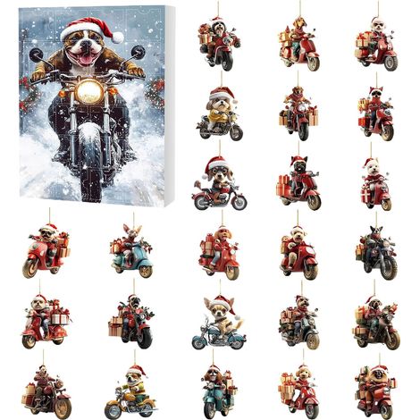 Weihnachtskalender 2026 mit Hund auf Motorrad – 24 flache Acryl-Anhänger – Niedliche Hunde-Motorrad-Figuren – Christbaumschmuck für Tierliebhaber und Partydekoration (1/5)