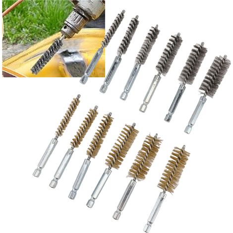 Brosse de Forage pour Tube 12 Pièces Cuivre et Fer Fil 304 Stainless Steel pour Power Drill avec Manche Hex Shank - Kit de Nettoyage de Tuyaux 6 Tailles Différentes (8-19mm) (1/5)