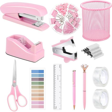 Fournitures de bureau roses 13 en 1, accessoires de bureau roses pour femmes avec agrafeuse, dévidoir de ruban adhésif, 1000 agrafes, porte-stylo, arrache-agrafes, trombones, règle, ciseaux, onglets, (1/5)