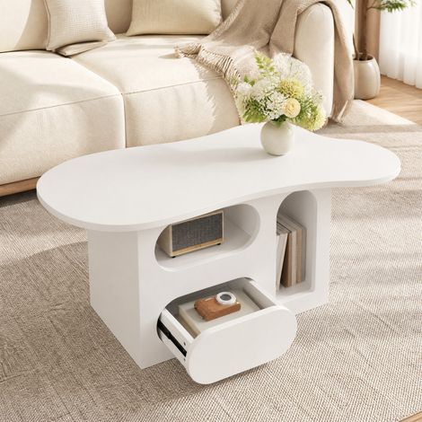 Tavolino da caffè bianco 97x45x43,5 cm con cassetti e vani aperti, pannelli truciolari MEUBLIV (1/5)