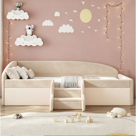 Cama infantil 90 x 190 cm tapizada en terciopelo con escalones y barreras, beige DESVIAE