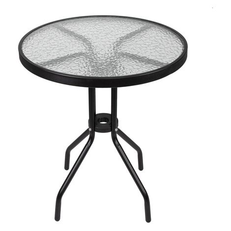 Gartentisch rund für den Balkon, Metall und schwarzes Glas.
