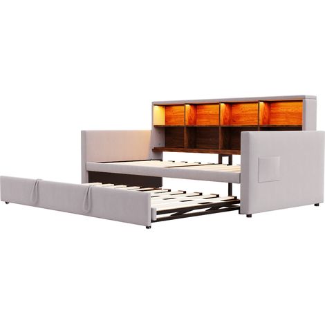 Letto imbottito pieghevole 90 x 190 cm in velluto grigio chiaro con contenitori e LED (1/5)