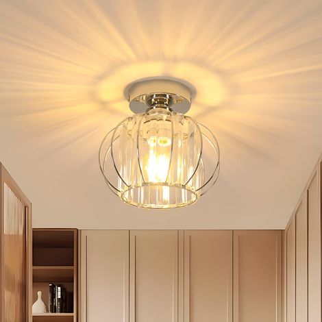 Plafonnier Cristal Moderne Ø 19 CM Douille E27, Chromé Luminaire Lustre Vintage avec Abat-jour en Verre pour Entrée Couloir Chambre Salon, Ampoules non incluses (1/5)