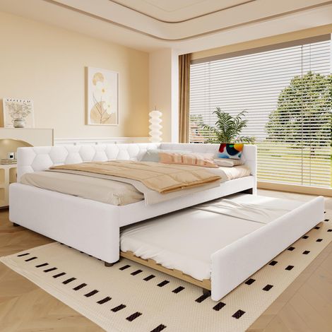 Lit de jour 140x200cm, canapé-lit, lit à lattes (sans matelas), avec lampe de chevet, lit gigogne multifonctionnel, port USB Type-C, revêtement en tissu confortable imitation polaire, blanc, garant... (1/5)