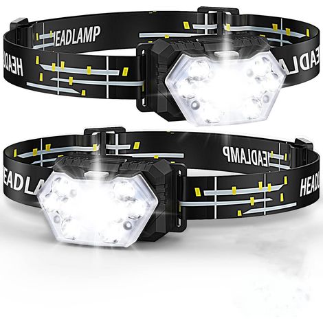 Lampe frontale LED (lot de 2), 2000 lumens, batterie intégrée, 6 modes d'éclairage réglables, étanchéité IPX5, adaptée aux enfants et aux adultes pour le camping, le jogging et la pêche (1/4)