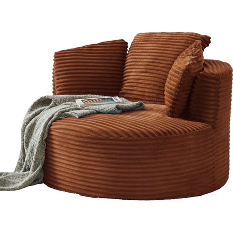 Fauteuil rond XXL en velours côtelé orange, assise profonde et dossier ergonomique pour salon, chambre ou home office, confort cloud sans montage - CHICFURN (1/5)
