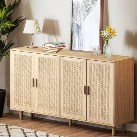 Aparador de madera, aparador alto 158 cm, 4 puertas decoradas en ratán, para dormitorio, salón, oficina (1/5)