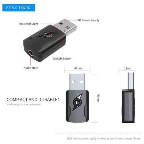 Adaptateur USB Bluetooth 5.0,Clé Bluetooth,Adaptateur Bluetooth Récepteur émetteur Audio 5.0 avec Câble Audio de 3,5 mm pour PC/TV/Voiture/Haut-parleurs/MP3/Système Audio Domestique/Casque (1/4)