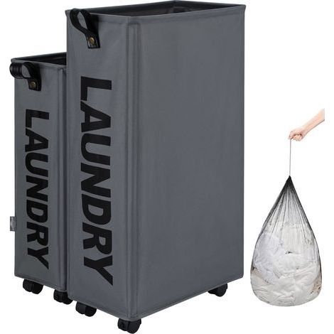 Paniers à linge avec des roues, Pliable Sac à linge, Pliage Grande Capacité Corbeilles à linge (Gris Foncé, M) (1/5)