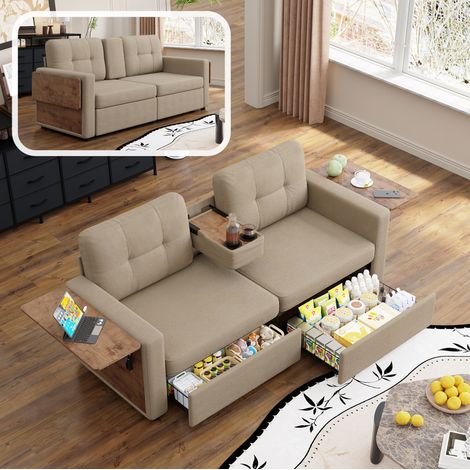 Divano 2 posti 178x71x57,5 cm in ciniglia kaki con cassetti e tavolini – MEUBLIV (1/5)