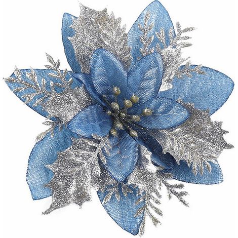Décoration Arbre - Fleur Artificielle - 16 Pièces - 15 cm - Rouge Or Bleu Clair Argent - Tissu Plastique