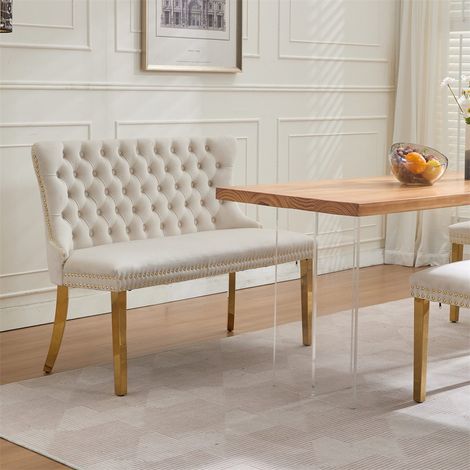 Banc de Salle à Manger 2 Places - Banquette Loveseat en Velours Capitonné à Boutons, Pieds Acier Doré - Beige Moderne & Chic (1/5)
