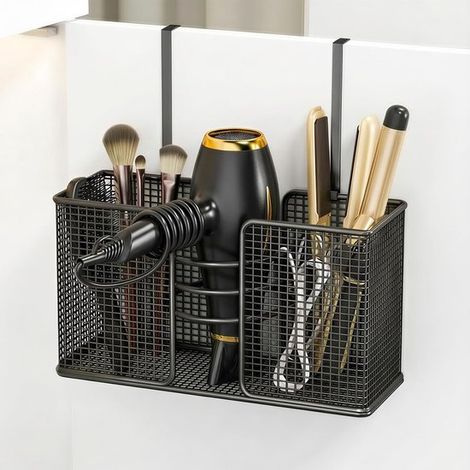 2er-Set Wandhalterungen für Föhn und Lockenstab – mit und ohne Ablagefach, mattgraues Metall, Badezimmer-Organizer (1/2)