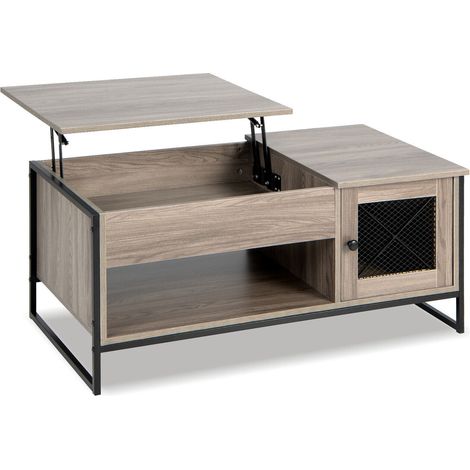 Table basse relevable grise effet bois et métal avec compartiment caché, doubles portes et étagère ouverte pour salon (1/5)
