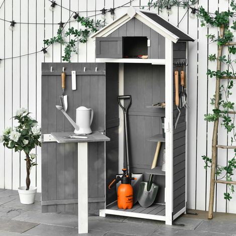 Meuble de jardin en bois gris 78 x 52,5 x 182 cm avec porte, toit incliné et table pliante OKMYHOME (1/5)