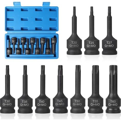 10 Pièces Douille Torx Mâle 1/2", T20, T25, T27, T30, T35, T40, T45, T50, T55, T60, Jeu de Douille Allen avec Boîte, Torx Étoile en CR-MO (1/5)