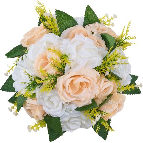 Bouquet de Fleurs Artificielles 10 Pièces, 240 mm, Centre de Table Mariage, Roses Champagne et Blanc (1/5)