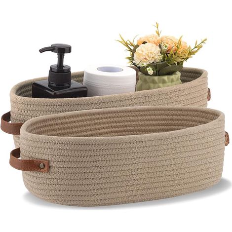 Set de 2 paniers de rangement déco Boho, paniers décoratifs tissés pour le rangement, panier à papier toilette pour le dessus du réservoir des toilettes, panier sur support avec poignée, couleur Kaki (1/4)