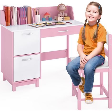 COSTWAY Kids Study Desk and Chair Set Wooden School Learning Table-Pink (1/5)
