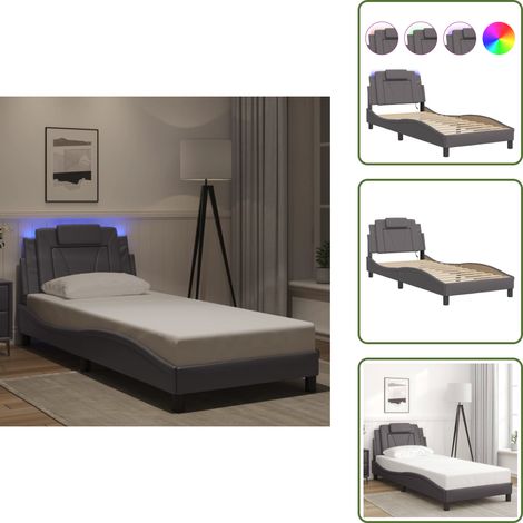 Bettgestell mit LED Grau 90x190 cm Kunstleder - Bettsofa - Schlafzimmermöbel - Boxspringbetten - Doppelbett - Einzelbett (1/5)
