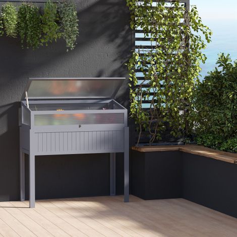 Carré potager surélevé 2-en-1 en bois avec mini-serre polycarbonate gris 120x54x112/122 cm