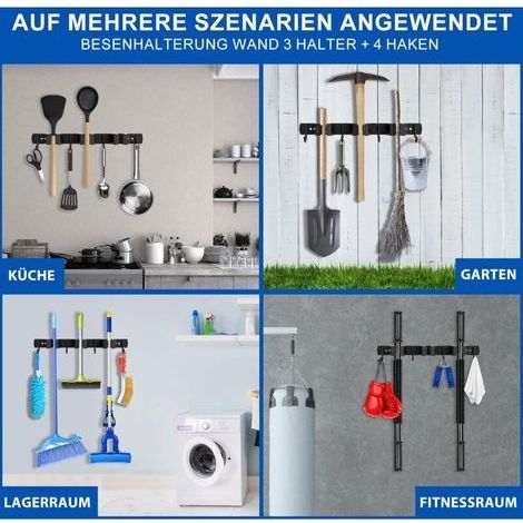 Wandmontierter Besenhalter, 3 Halterungen + 4 Haken, Schwarz, Wandmontierter Besenhalter, Wandmontierter Besenhalter, Wandmontierte Besenaufbewahrung ohne Bohren, Wandmontierter Besenhalter (1/4)