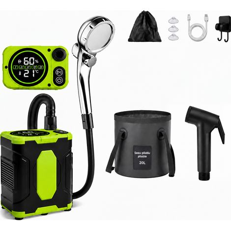 Douche de camping électrique portable vert pomme avec seau noir 20L et pistolet noir 1w 20l noir réf 26 × 19 × 7 cm 1,1 kg – Livraison gratuite