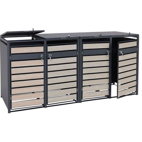 XL 4er/8er-Mülltonnenverkleidung HHG-409, Mülltonnenbox, Metall 118kg anthrazit Buche-Holzoptik hellbraun