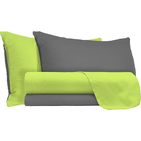 Set Lenzuola Matrimoniale Sopra Sotto e Federein Cotone Verde Acido/Fumo (1/5)