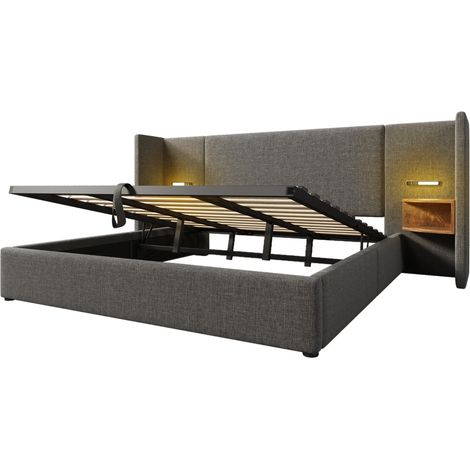 Cama doble 180x200 de lino gris con mesita, lámpara de lectura y carga USB Tipo-C (1/5)