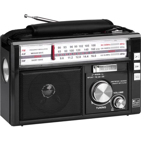 Radio portable rétro multi-bandes: Bluetooth, lecture TF/USB, lampe torche, recharge AC/DC, FM/AM/SW,noir (1/4)