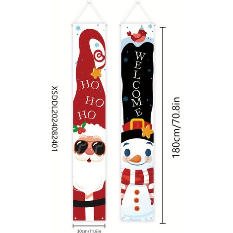 Bannière décorative à carreaux avec le Père Noël et un nouveau couplet de Noël 2026 - 180 x 30 cm - SDJDL-18