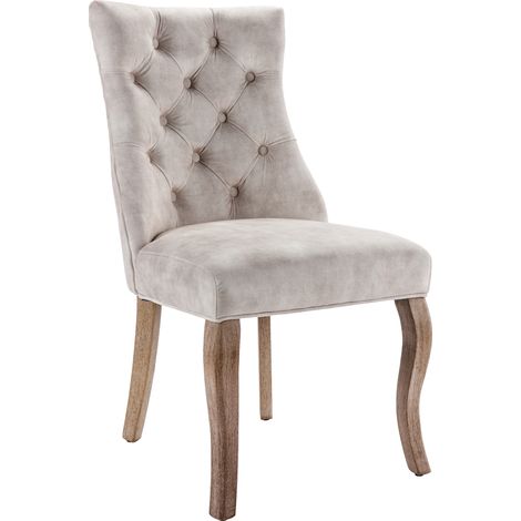 Chaise de salle à manger en velours beige clair à 4 pieds, dossier haut, capitonnage à boutons, structure en bois massif, lot de 6 (1/5)