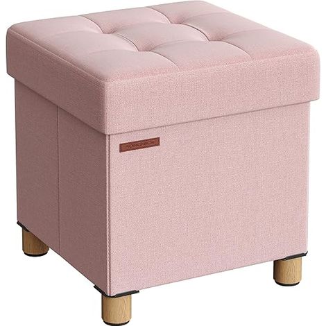 Songmics – Pouf pliable avec coffre de rangement – Dimensions 38 x 38 x 40 cm – Tissu façon lin rose bonbon – Capacité de charge 300 kg
