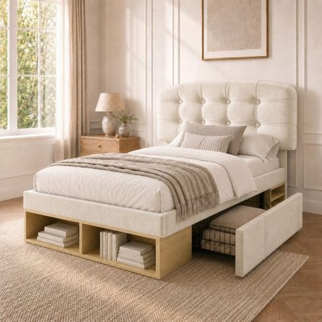 Letto singolo 90x200 imbottito in velluto beige con base a doghe, struttura letto con testiera curva regolabile in altezza, letto con cassetti e vano contenitore, letto per ragazzi, letto per camera d (1/5)