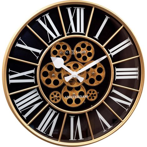 Grande Horloge Murale à Engrenages Mobiles en Métal et Verre Noir et Blanc 50 cm - PANGIVO (1/5)