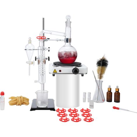 VEVOR Kit de Distillation deHuile Essentielle 33PCs, Appareil de Distillation de 500 mL, Kit de Distillation de Verrerie de Laboratoire Boro 3,3 avec Plaque Chauffante de 1000 W et Joint 24/40