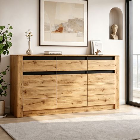 Tkopy - Buffet salon 135×35×70cm, doté d'un espace de rangement, meuble comprenant 9 espaces de rangement, avec 3 tiroirs et des compartiments, meuble d'appoint couleur bois naturel (1/5)