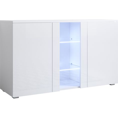 Aparador de salon con LED con patas 2cm 2 puertas 1 vitrina Mueble de salon 120x72x40cm Modelo Luke A1 Blanco brillo