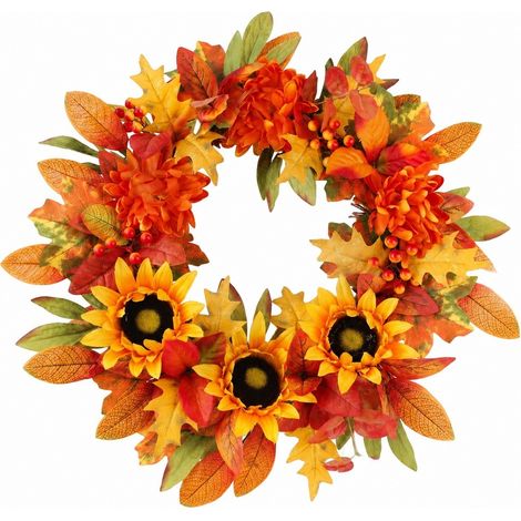 Couronne d'automne de 45 cm (18 pouces) avec feuilles d'érable artificielles, baies orange et rouges, tournesols et décoration de récolte automnale pour porte d'entrée ou porche. (1/5)