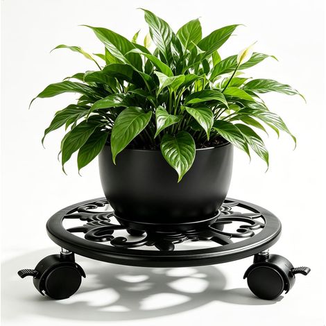 Plateau Roulant Plante, Chariot pour Plantes Ronde, Support de Pot de Fleurs à Roulettes, Porte Plante a Roulettes pour Intérieur et Extérieur, 22CM, Métal, Noir (1/5)