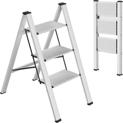 Scala a 3 gradini, sgabello pieghevole in alluminio, capacità di carico 150 kg, gradini antiscivolo - Argento (1/3)