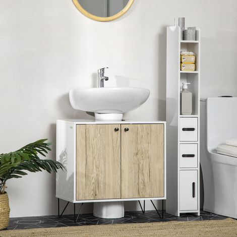 Meuble sous lavabo. meuble de salle de bain avec 2 portes. pieds en acier. 60 x 30 x 60 cm. blanc et bois naturel