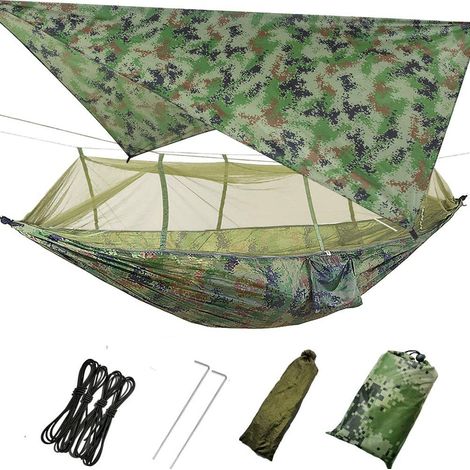 Hamac de camping individuel avec moustiquaire, hamac portable en nylon 210T avec sangles de fixation de 3 mètres, 17 boucles et mousquetons pour le camping, la randonnée, les voyages et les excursions