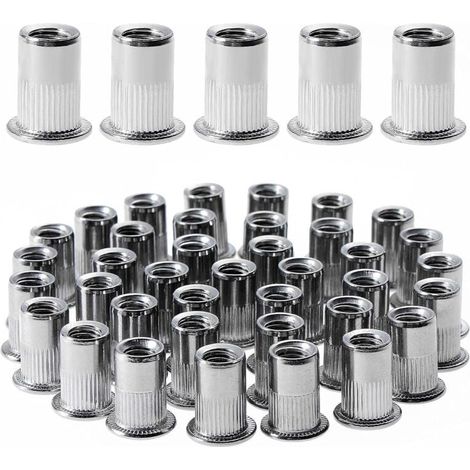 100 pièces M6 écrou à rivet fileté à tête plate,écrous à riveter fileter en acier inoxydable,assortiment inserts filetés pour mental plastique (12 mm × 15 mm) (1/5)